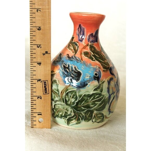 Art Studio Ceramic Pottery Birds & flowers print Bottle Decorative Vase handmade - Picture 5 of 10